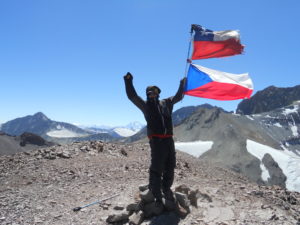 on the top of Leonera, Aconcagua mountain in the background